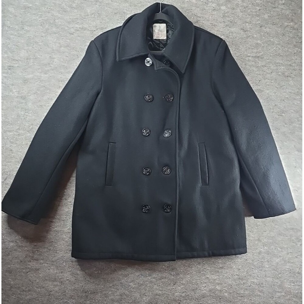 Mariner 2000 Classic Black Wool Double Breasted Pea Coat Anchor Buttons Men Sz L
